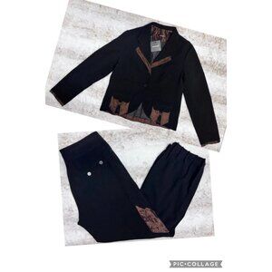 Animale Black Blazer & Pant Set With Brown Trim Pockets NWT